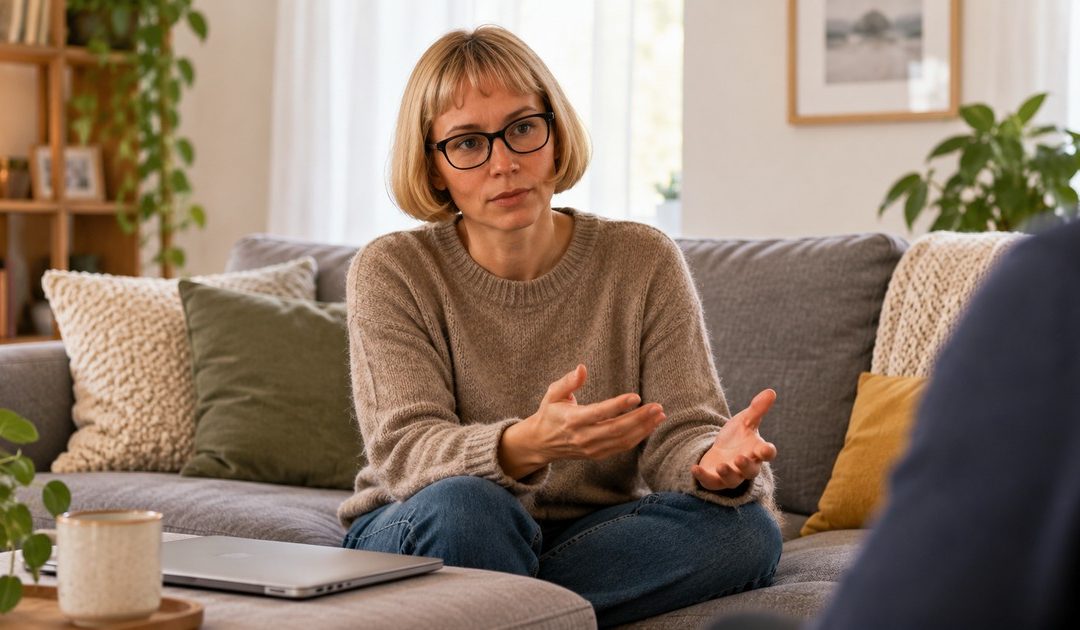 A woman with a short honey-blonde bob and black glasses discusses a voluntary relationship agreement while seated on a grey sofa.