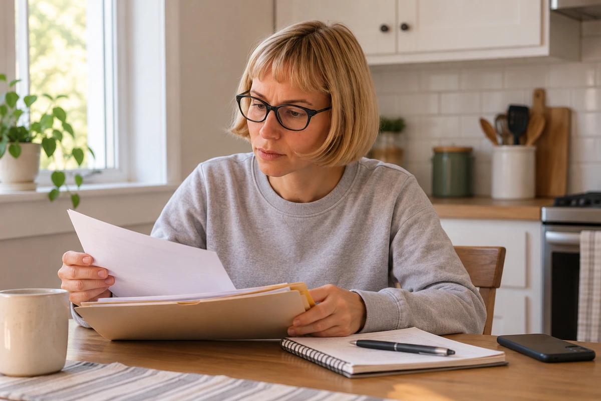 Woman reviewing papers in a folder with her phone set aside